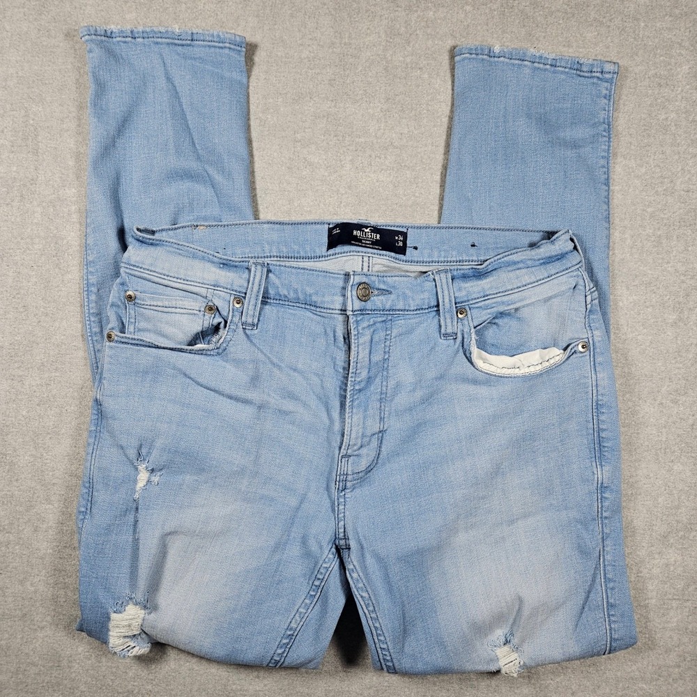 Hollister Skinny Jeans Mens 34x30 Light Wash Advanced Stretch Distressed Ripped